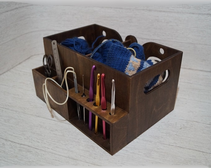 Crochet hook holder - Large wooden yarn box - Knitting needle organizer