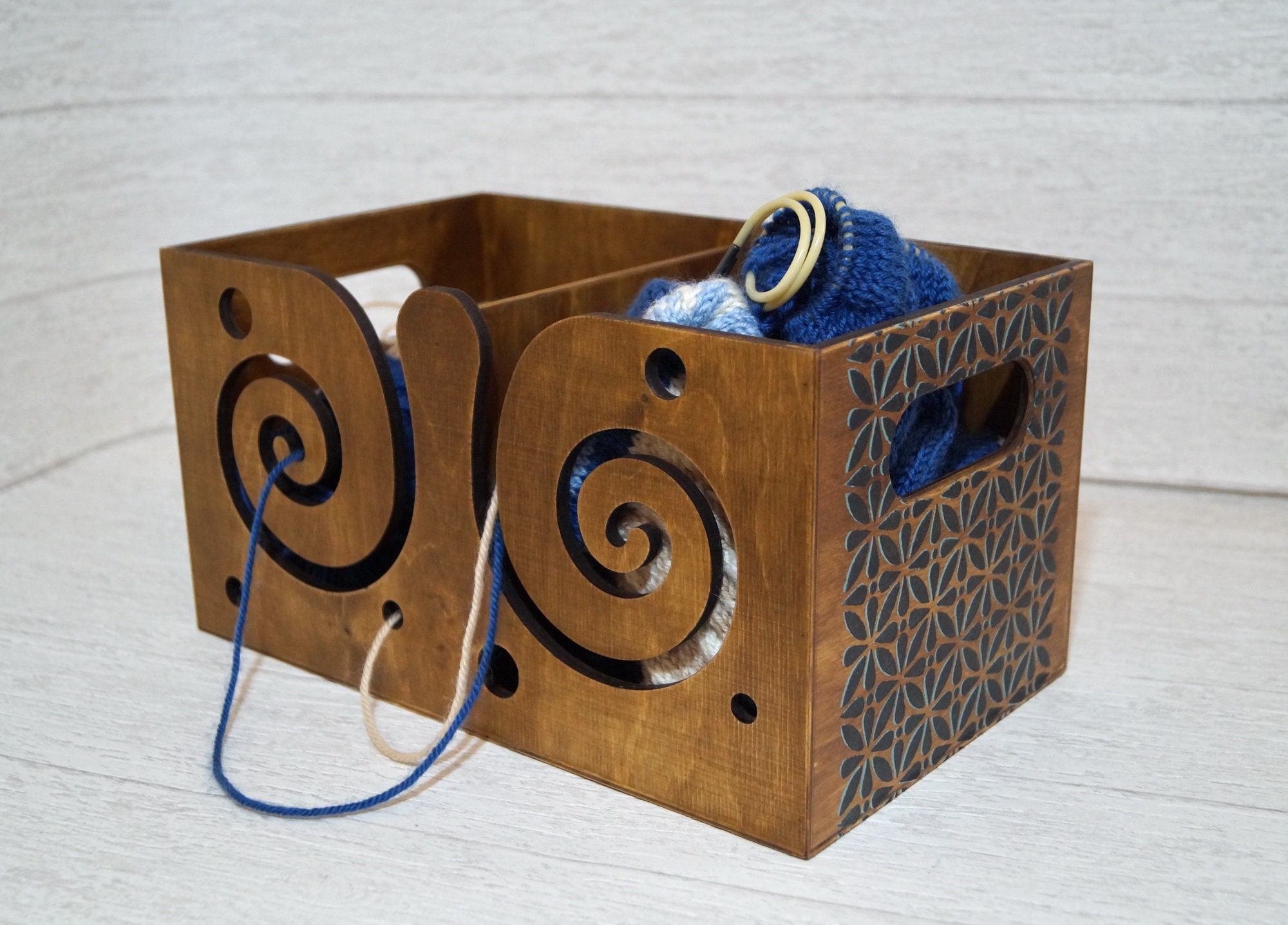 Wood Yarn Box With Pattern Large Wooden Yarn Bowl Crochet Etsy