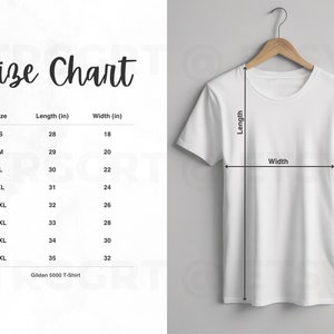 Gildan 5000 Size Chart, Gildan 5000 Heavy Cotton T-Shirt Mockup Size Chart, Size Guide In Imperial And Metric Units