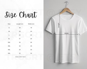 Gildan 5000 Size Chart, Gildan 5000 Heavy Cotton T-Shirt Mockup Size Chart, Size Guide In Imperial And Metric Units