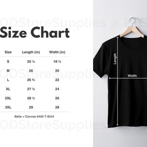 Bella + Canvas 6400 Size Chart, Bella + Canvas 6400 T-Shirt Mockup Size Chart, Size Guide In Imperial And Metric Units