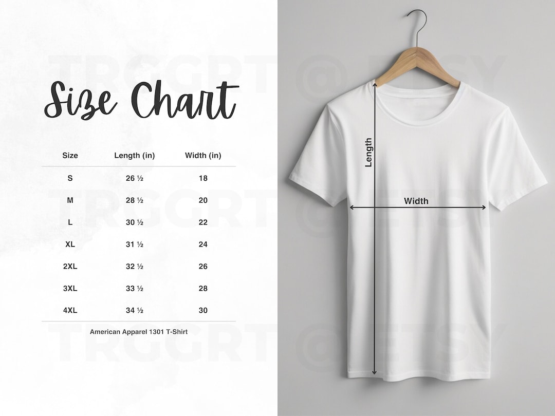 American Apparel 1301 Size Chart: Unisex T-shirt Mockup (digital
