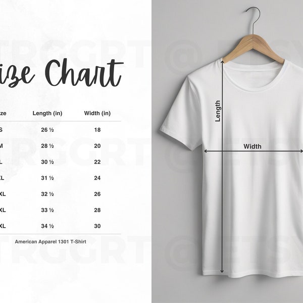 American Apparel 1301 Size Chart, American Apparel 1301 T-Shirt Mockup Size Chart, Size Guide In Imperial And Metric Units