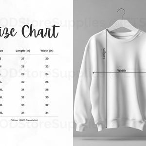 Gildan 18000 Size Chart, Gildan 18000 Heavy Blend Sweatshirt Mockup Size Chart, Size Guide In Imperial And Metric Units