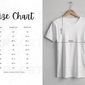 May include: Size chart for a white t-shirt with measurements in inches. The chart shows the length and width of the shirt in different sizes, from XS to 5XL.