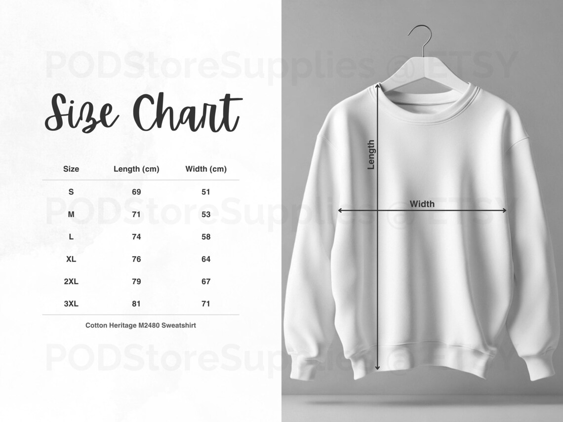 Cotton Heritage M2480 Size Chart, Cotton Heritage M2480 Sweatshirt Mockup Size Chart, Size Guide