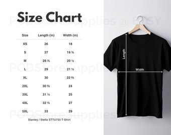 Stanley / Stella STTU755 Size Chart, Stanley / Stella STTU755 T-Shirt Mockup Size Chart, Size Guide In Imperial And Metric Units
