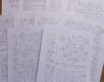 May include: A set of black and white printable patterns for embroidery or cross stitch. The patterns feature cute designs like a camper van, a bunny rabbit, a house, and a heart with the word "Home" inside. The patterns are labeled "The Curious Miss" and include instructions for using the PDF patterns.
