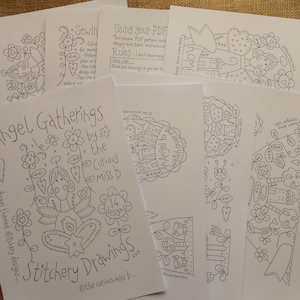 May include: A black and white printable PDF pattern set for angel themed embroidery. The set includes 14 designs with the title "Angel Gatherings by the Curious Miss P" and the text "Angel themed stitchery designs... Stitchery Drawings... @the curious miss p..."