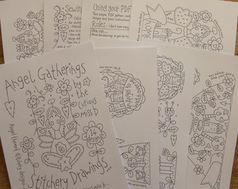 PDF PATTERN - Angel Gatherings Stitcheries - 14 Angel themed stitchery drawings and basic instructions