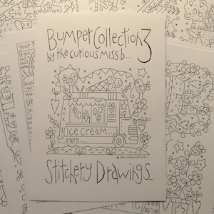 Puede incluir: Ilustración en blanco y negro de línea de un camión de helados con las palabras "Ice Cream" y "Stitchery Drawings" escritas en él. La ilustración se titula "Bumper Collection 3 by the curious miss b..."