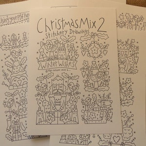 May include: Black and white line art drawings of Christmas and winter themed illustrations. The illustrations include a snowman, a bird, a nutcracker, a reindeer, and a house. The text "Christmas Mix 2 Stitchery Drawings" and "Winter Wishes" is included in the image.