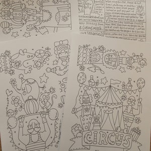 May include: Black and white line art illustration of a circus scene with a strongman lifting weights, a clown, an elephant, a tent, and a banner that says "CIRCUS".