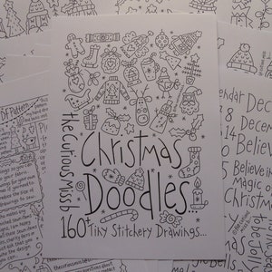 May include: Black and white printable Christmas doodle design sheet with the text "The Curious Miss B 160+ Tiny Stitchery Drawings... Christmas Doodles" and a calendar with dates and phrases like "Dec 25th", "December 14th", "Believe", "Believe in the Magic of Christmas", "Tis the Season to be Jolly".