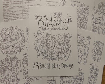 May include: A set of 23 black and white printable bird stitchery drawings. The drawings feature birds, flowers, hearts, and other whimsical elements. The title "Birdsong by the curious missb..." and the text "23 Bird Stitchery Drawings" are included in the image.