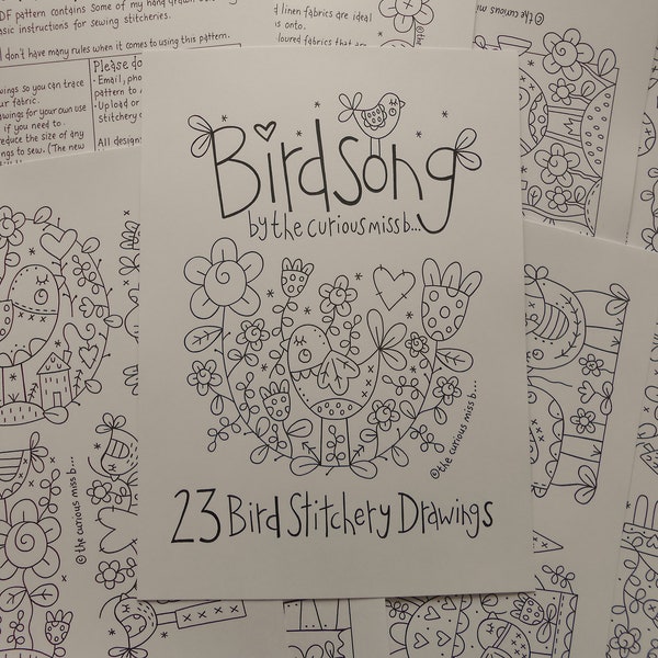 Pdf Pattern #15 - BIRDSONG Stitchery Drawings - 23 Bird themed stitchery drawings and basic instructions