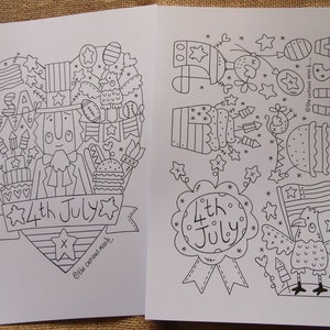 May include: Two-page spread of a coloring book with black line art illustrations. One page features a heart-shaped design with Uncle Sam, fireworks, and the text "4th July" and "USA". The other page has similar patriotic imagery.