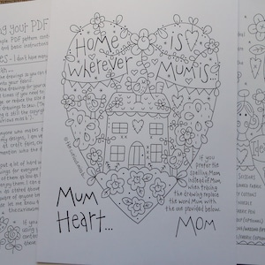 NEW 2024 - MUM HEART Stitchery Pdf Pattern - Pretty Mum Heart Drawing for Stitchery or Colouring - Has both Mum and Mom Spelling
