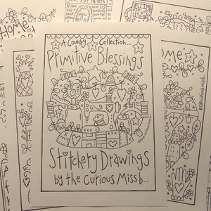 May include: A black and white printable design sheet featuring a sewing machine and other sewing-related items. The design is titled "A Country Collection... Primitive Blessings Stitchery Drawings by the Curious Miss b..."