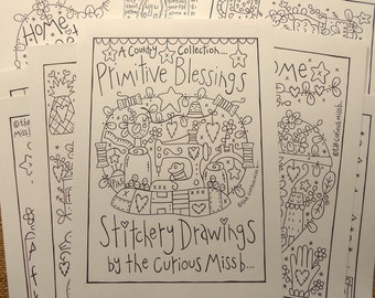 May include: A black and white printable design sheet featuring a sewing machine and other sewing-related items. The design is titled "A Country Collection... Primitive Blessings Stitchery Drawings by the Curious Miss b..."