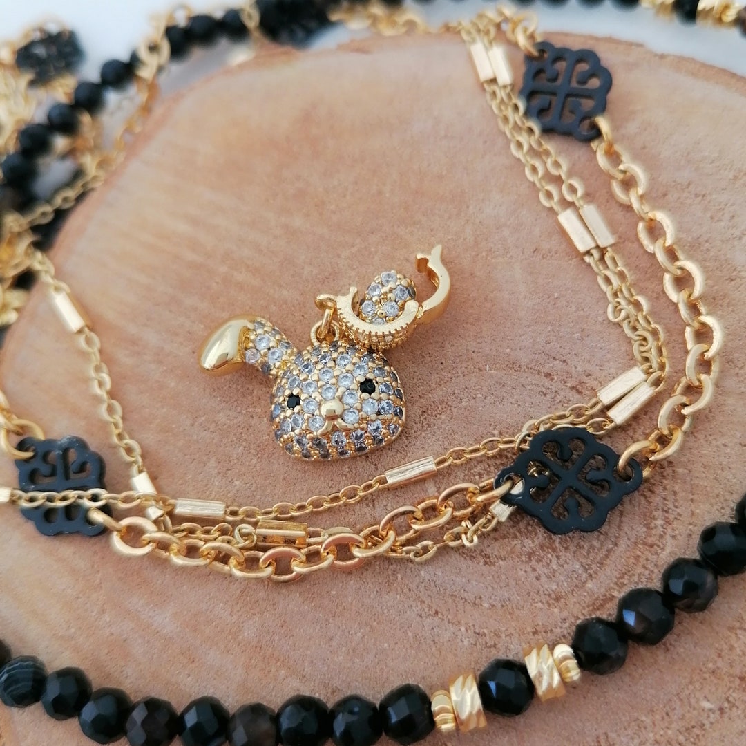 Black Gold Chain Choker With Rabbit Charm Chic Multi-layer Chain ...