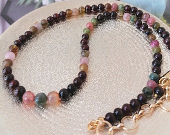 Garnet and tourmaline beaded necklace, Thin choker necklace, Simple unisex choker, Casual gemstone necklace gìft for him/her