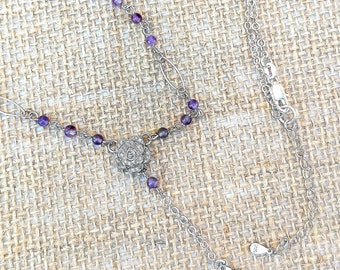 Amethyst rosary style necklace, Dainty silver cross chain necklace, Elegant religious jewelry, February birthday gift