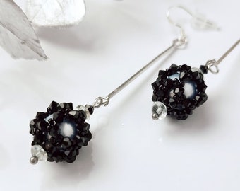 Elegant beaded silver hook earrings, Black austrian crystal pearl earrings, Handmade beadwork earrings, Unique dangle earrings for her