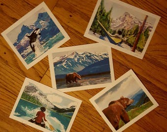 Alpine series. Set of five 4x6 artcard prints ready to frame. Perfect for baby's nursery or the man cave. Idividualy signed.