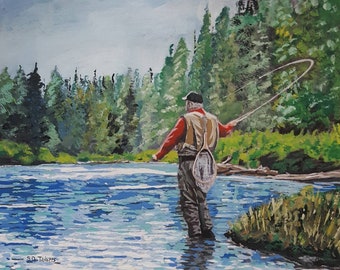 The Fly Fisher Original Acrylic Painting 8x10 Print on Heavy Stock Hand  Signed. 