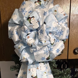 Snowman Christmas Tree Topper Bow: Aqua Blue Snowflake Glitter
