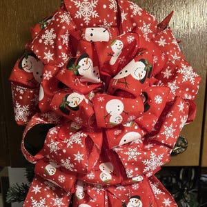 Snowman Christmas Tree Topper Bow: Red Snowflake Glitter, 6 Tails