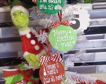 Whoville Christmas Ornaments: Green Monster Glitter Acrylic Baubles, Set of 3