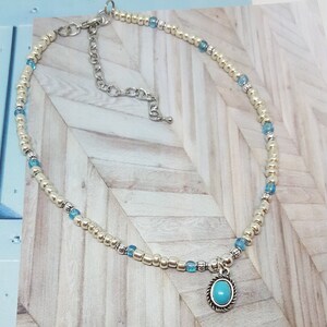 Turquoise Pendant Necklace, Silver Choker