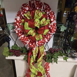 Christmas Tree Topper Bow: Green Merry Christmas & Red Polka Dot