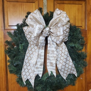 Beige and Gold Bow Tree topper,  Gold Beige Tree Topper Bow, Large Christmas Bow