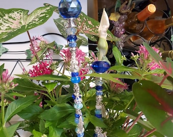 Beaded Fairy Plant Wand: Blue & Silver Garden Stake
