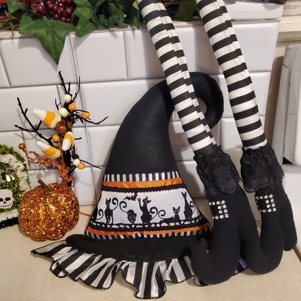 Witch Hat and Legs Wreath Attachments,  Witches Black Cat Hat and Leg Set, Black white striped Witch Legs