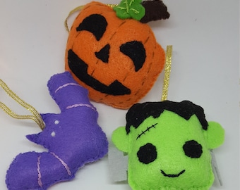 Felt Halloween Ornaments, Pumpkin, Bat, Frankenstein