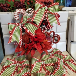 Christmas Tree Bows, Set of 10 Striped Polka Dot Vintage Style Bows