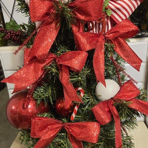 Red Glitter Christmas Tree Bows - Set of 15 Vintage Style Wired Ribbon Bows