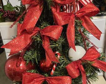 Red Glitter Christmas Tree Bows - Set of 15 Vintage Style Wired Ribbon Bows