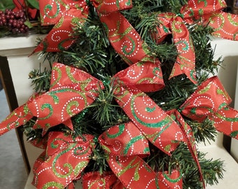 Small Christmas Tree Bows, Red Polka Dot Swirl, Set of 15