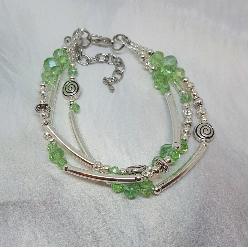 Triple Strand Silver Green Crystal Bracelet Etsy
