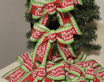 Christmas Tree Bows, Red Glittered Wired Ribbon, Set of 10