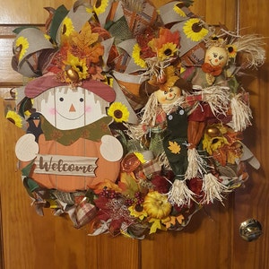 Corona de puerta principal para otoño, corona de espantapájaros, corona de puerta de otoño caprichosa, colores de corona de otoño