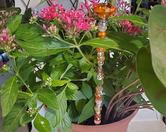 Beaded Fairy Plant Wand: Orange European Beads, Garden Decor (13 inch)