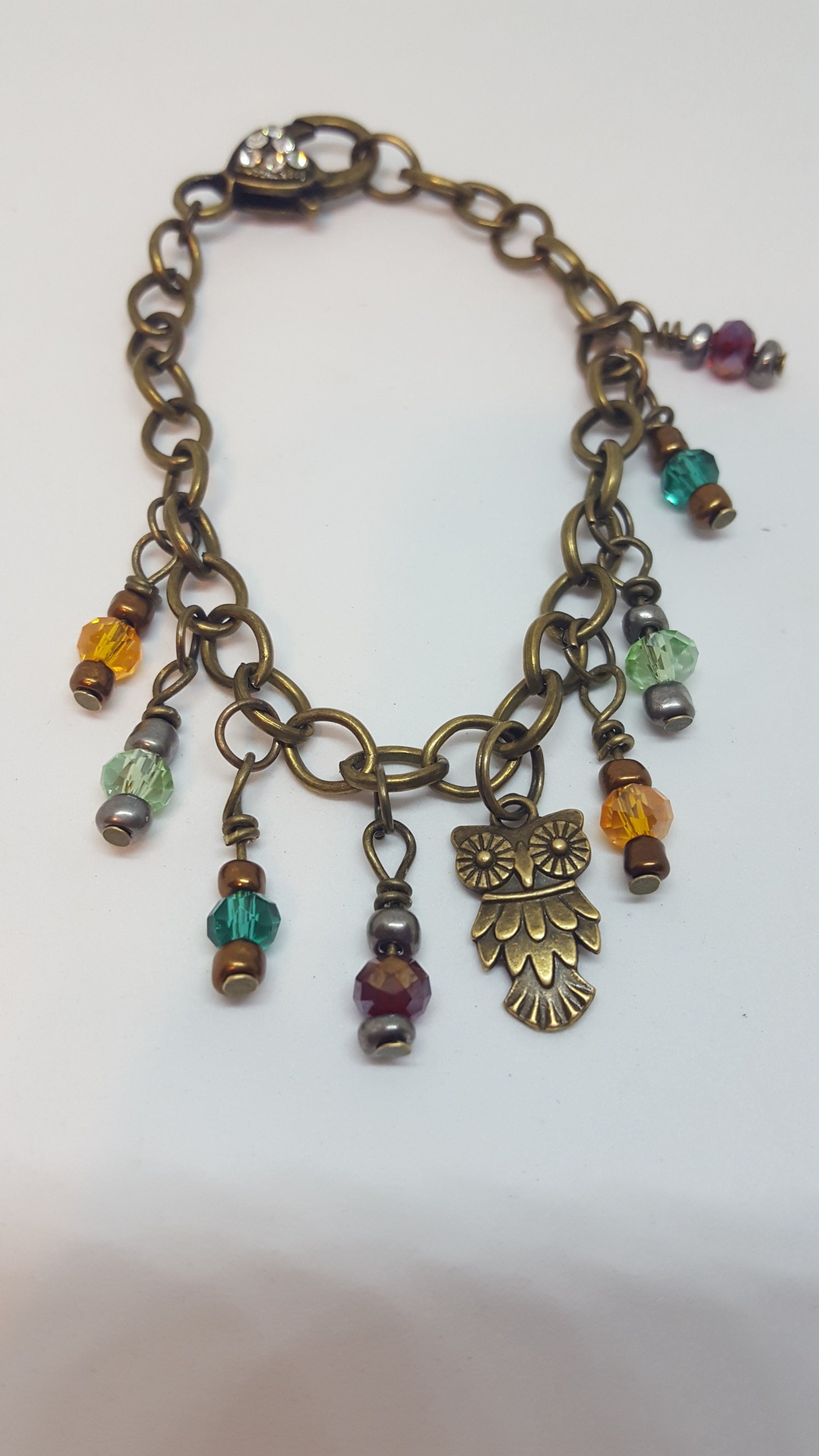 Owl Gem Bracelet, Bronze Charm Bracelet