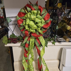 Large Glitter Christmas Tree Topper Bow: Red & Green Ribbon Tails