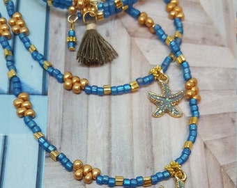 Boho Jewelry Set, Blue and Gold Beach Jewelry